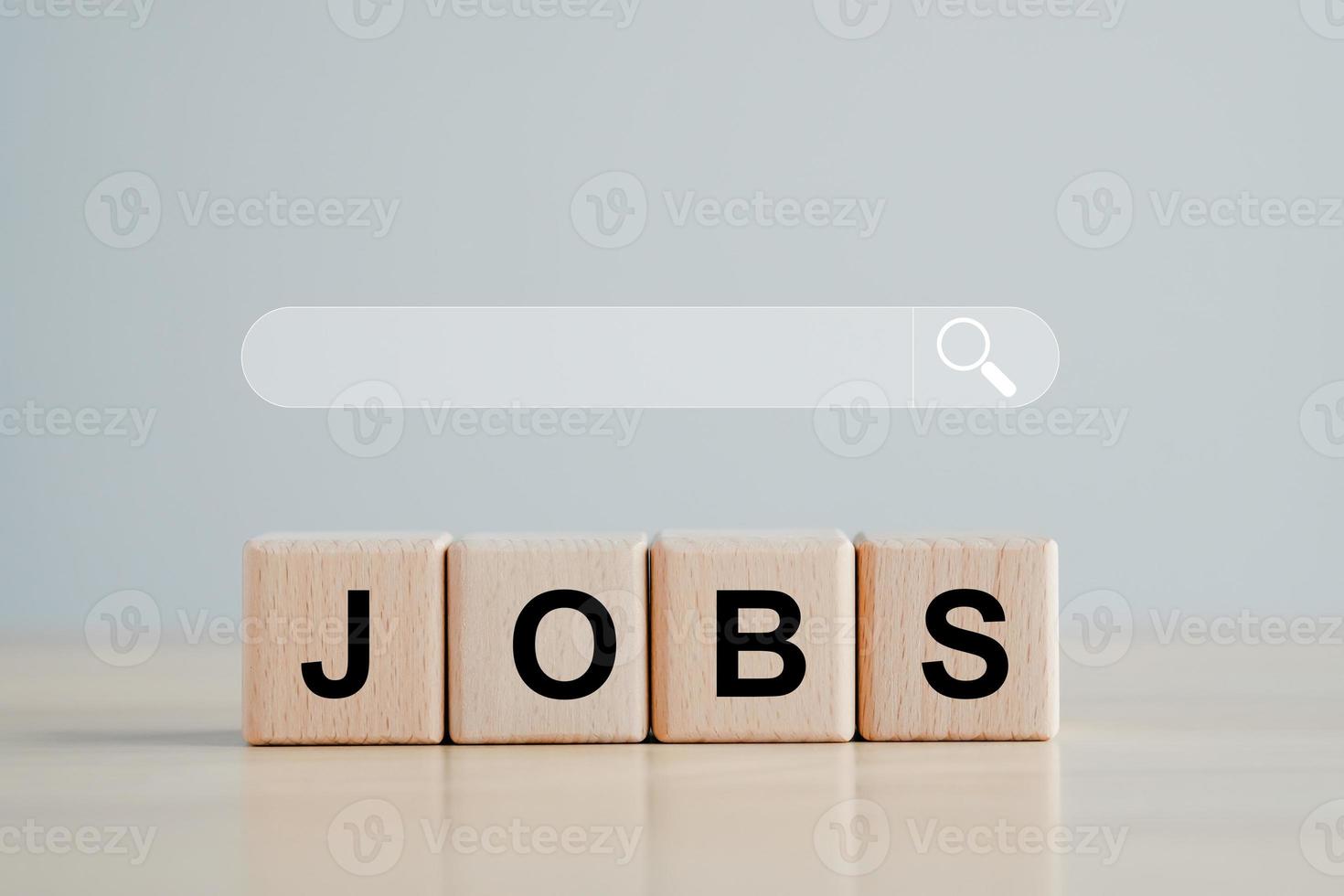 Job search, find your career, job vacancy concept. employment, find opportunity, seek for vacancy or work position. Search bar and wooden cube with text JOBS. photo