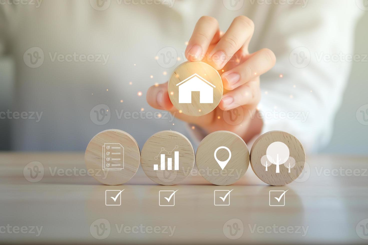Real estate concept. Home buying check list. Check mark complete with quality, finance, location, facilities and environment for turn to home ownership. Hand holding house. property investment. photo