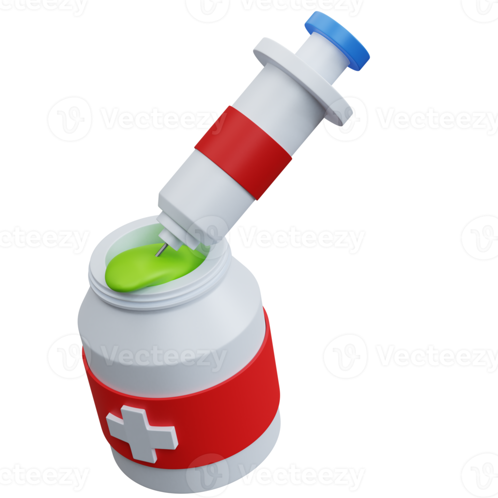 3d rendering medical bottle open with liquid and injection isolated png