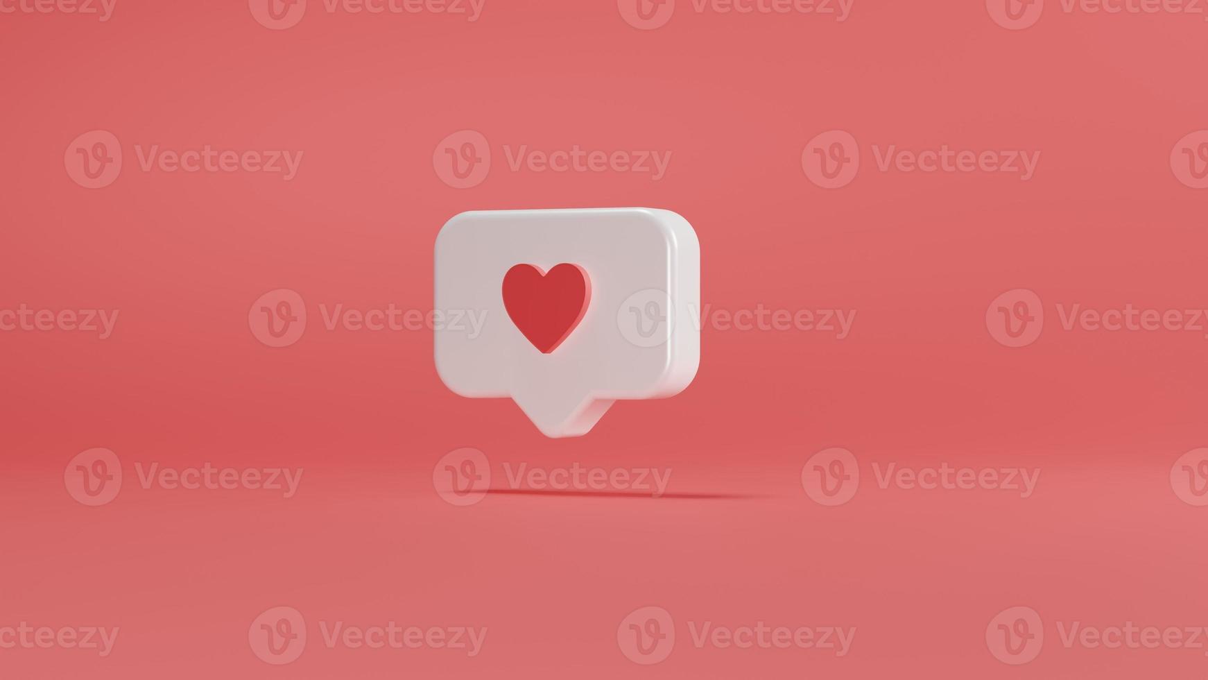 icono de corazón de amor de notificación de redes sociales en pin cuadrado redondeado blanco aislado en fondo de pared rosa con sombra simple y elegante. Representación de ilustración 3d moderna y de moda foto