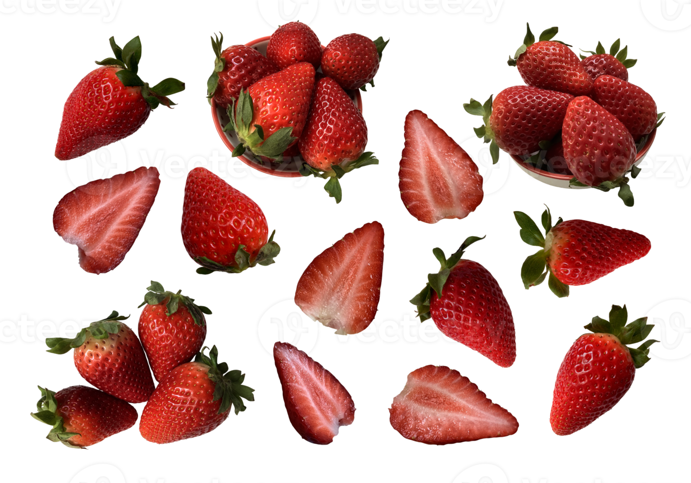 Strawberry isolated berries set, fresh sweet delicious summer fruit full of vitamins, food dessert, clipping path, side view png