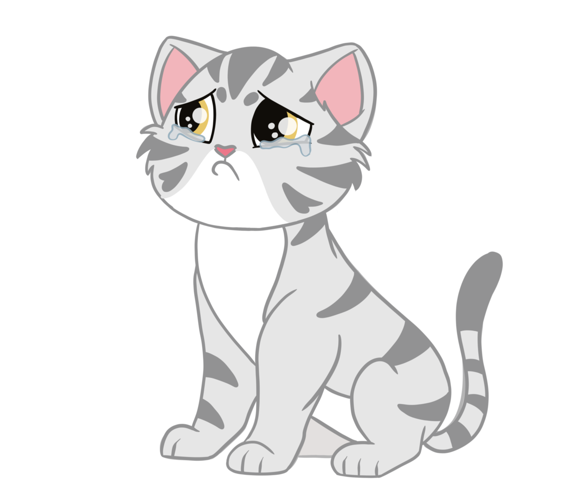 The sitting American Shorthair cat that acts as a gloomy and sad emotion. Doodle and cartoon art. png