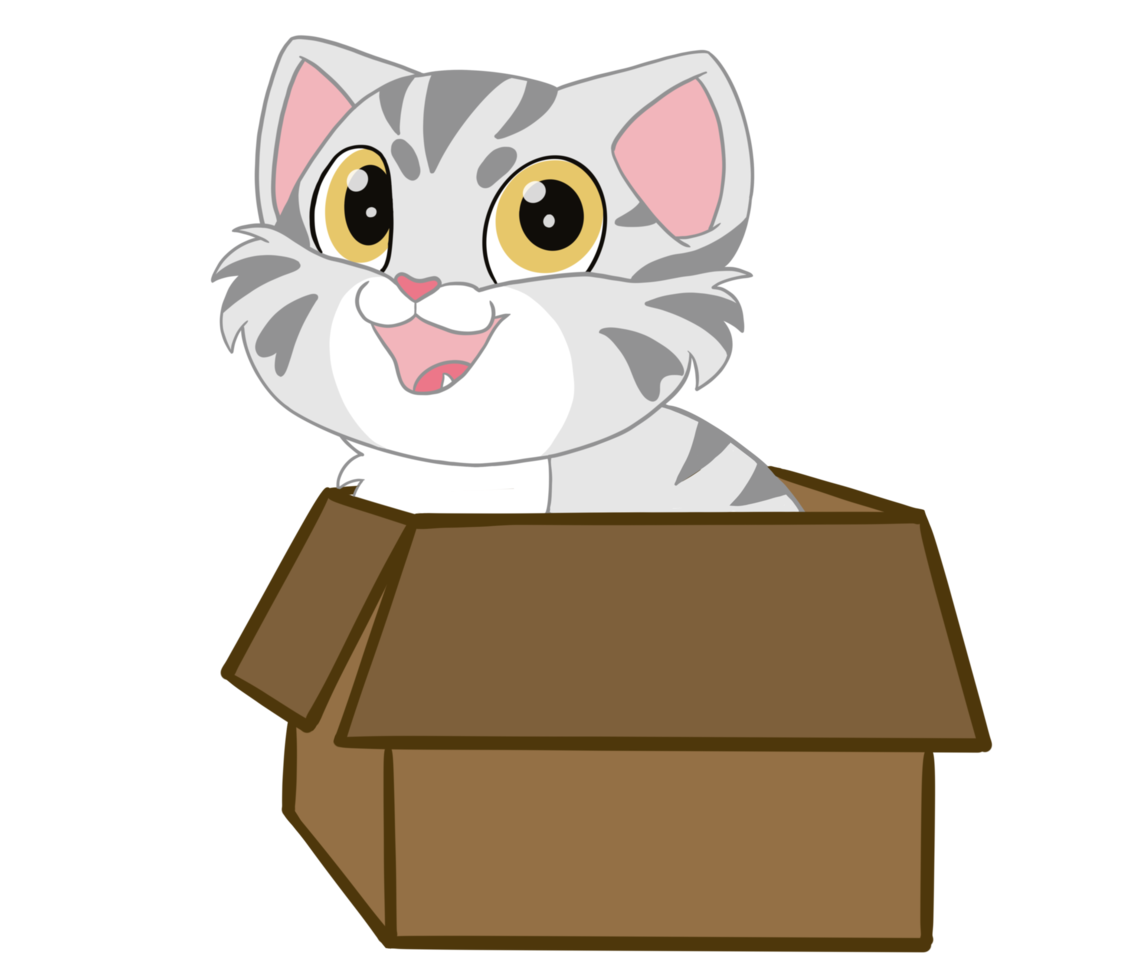 el gato americano de pelo corto que disfruta y disfruta cuando se sienta en la caja morena. arte de garabatos y dibujos animados. png