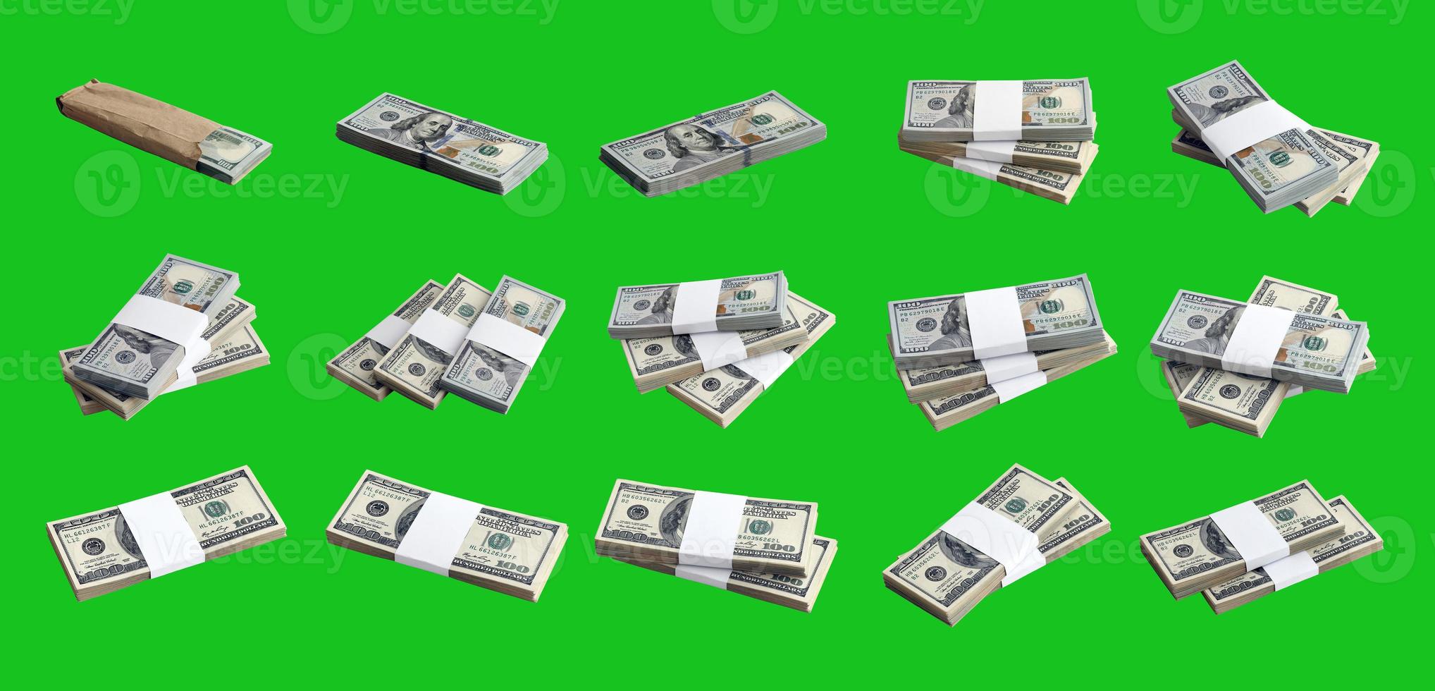 Big set of bundles of US dollar bills isolated on chroma key green. Collage with many packs of american money with high resolution on perfect green background photo