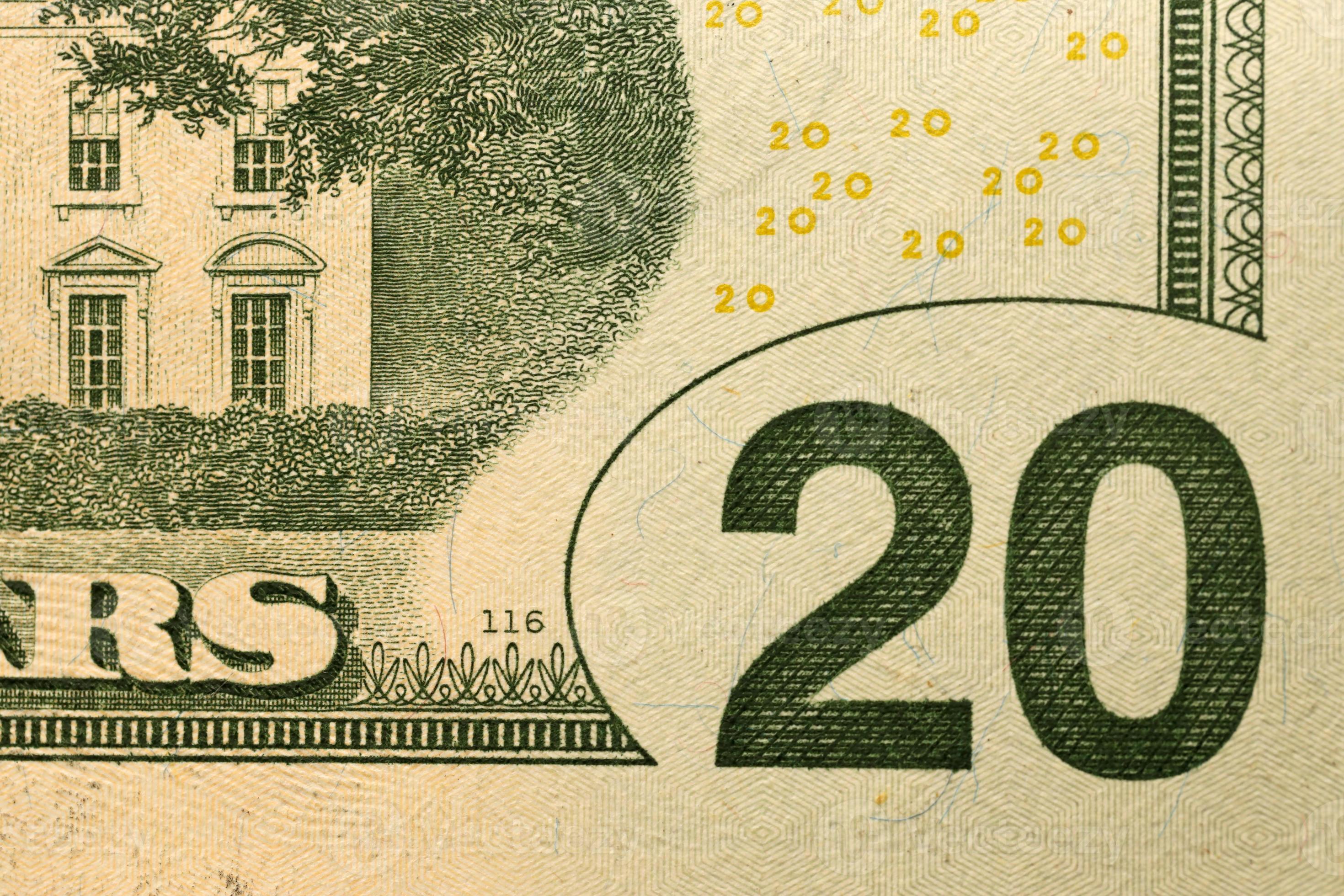 foto macro con parte del billete de 20 dólares estadounidenses. Foto de