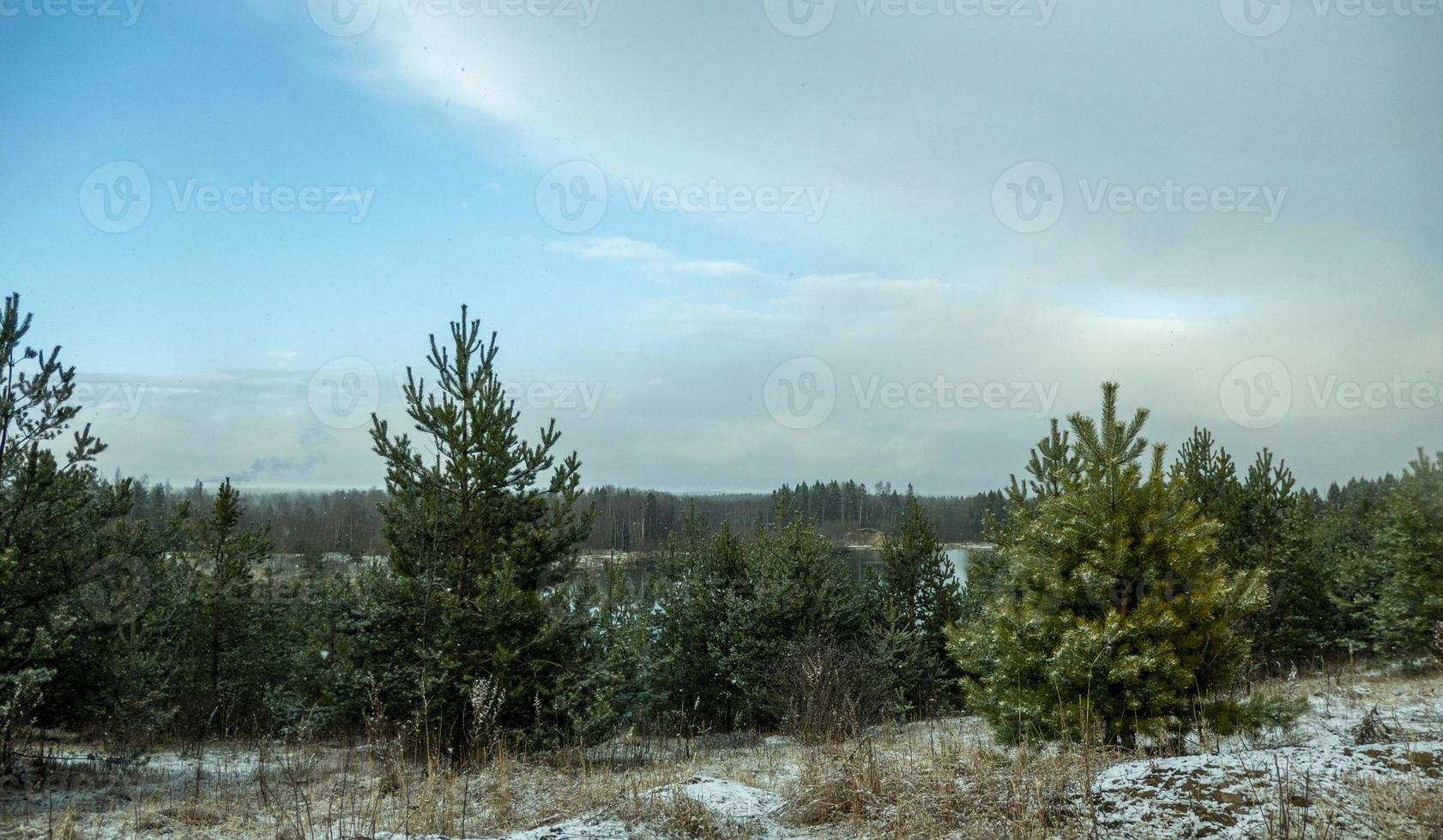 early spring landscape with a beautiful lake with fir trees and last snow against a cloudy sky photo