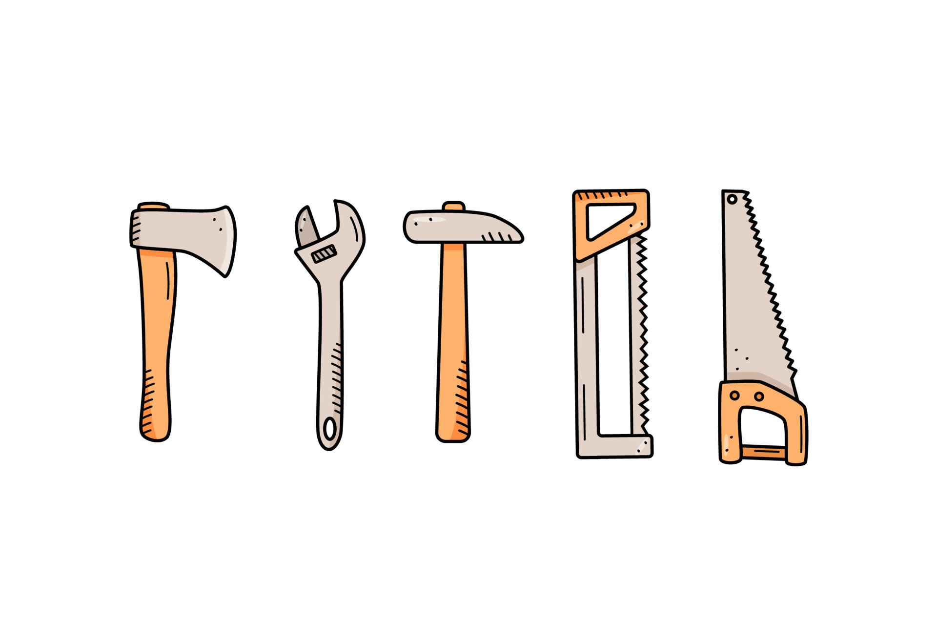 Axe hammer saw wrench, doodle icons of garden or construction hand
