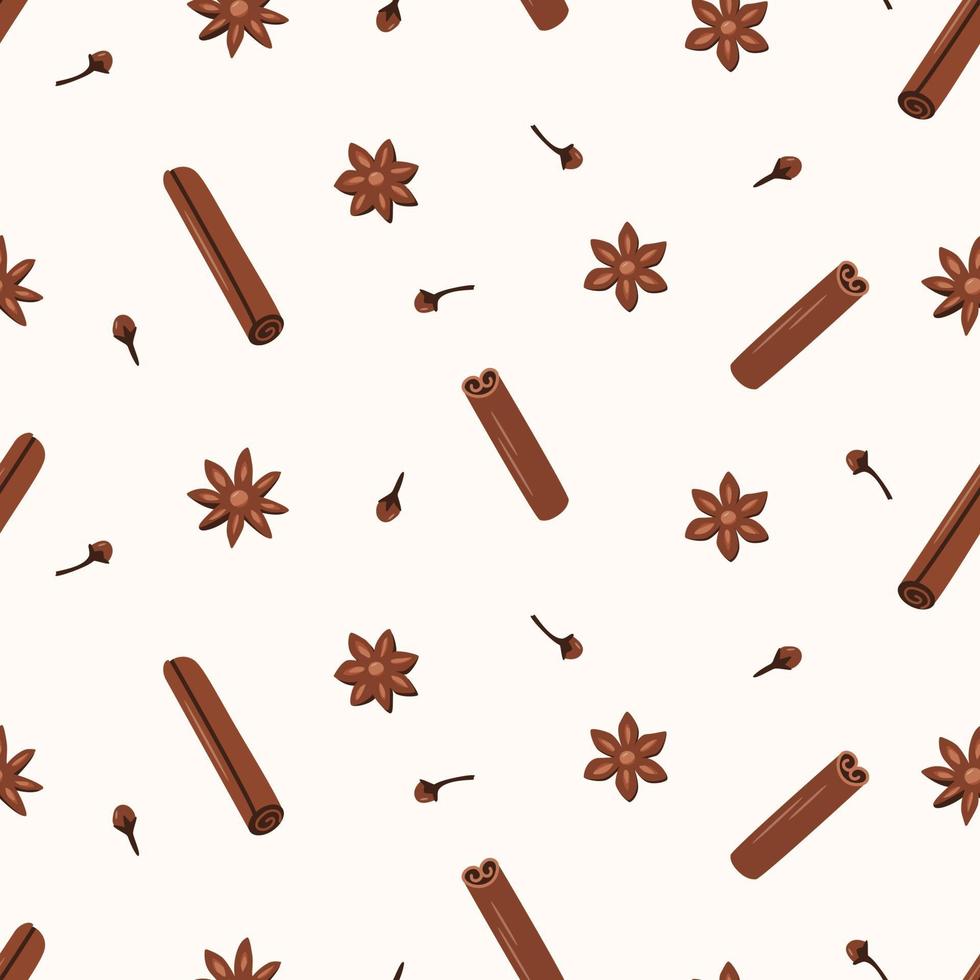 Seamless pattern Cinnamon sticks anise and cloves, fragrant spices, vector illustration