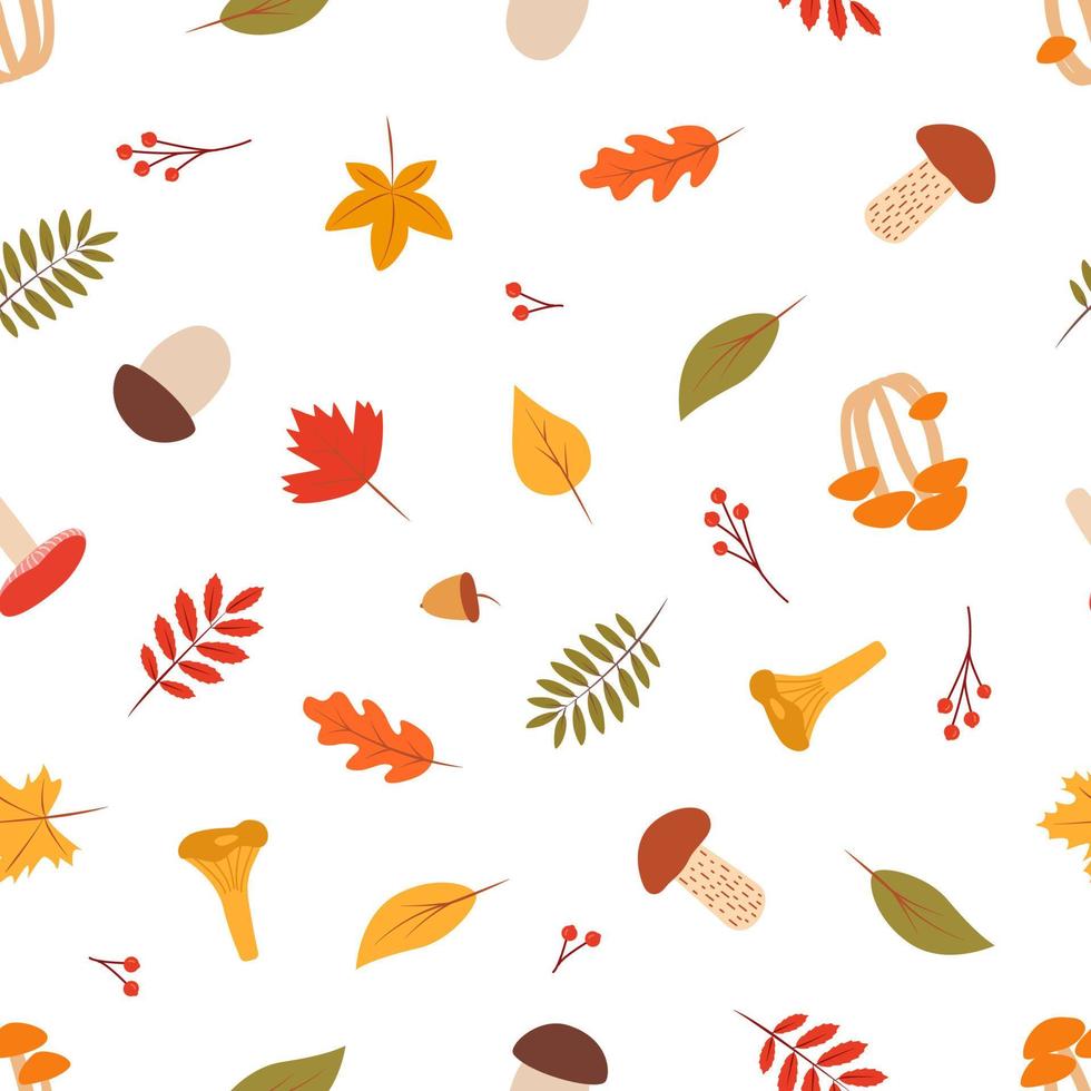 Seamless pattern Doodle set of tree leaves and mushrooms, autumn concept, vector illustration.