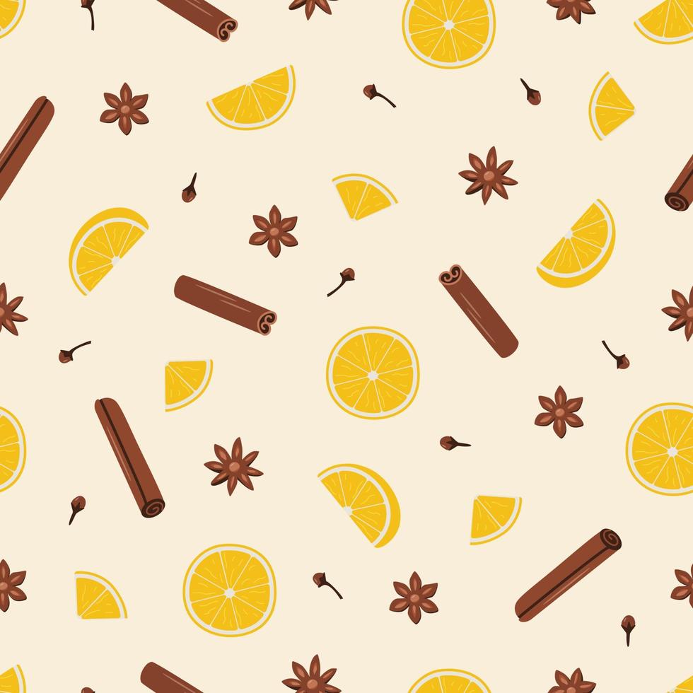 Seamless pattern of orange cinnamon anise and clove. Vector illustration of ingredients for mulled wine, winter spices background.