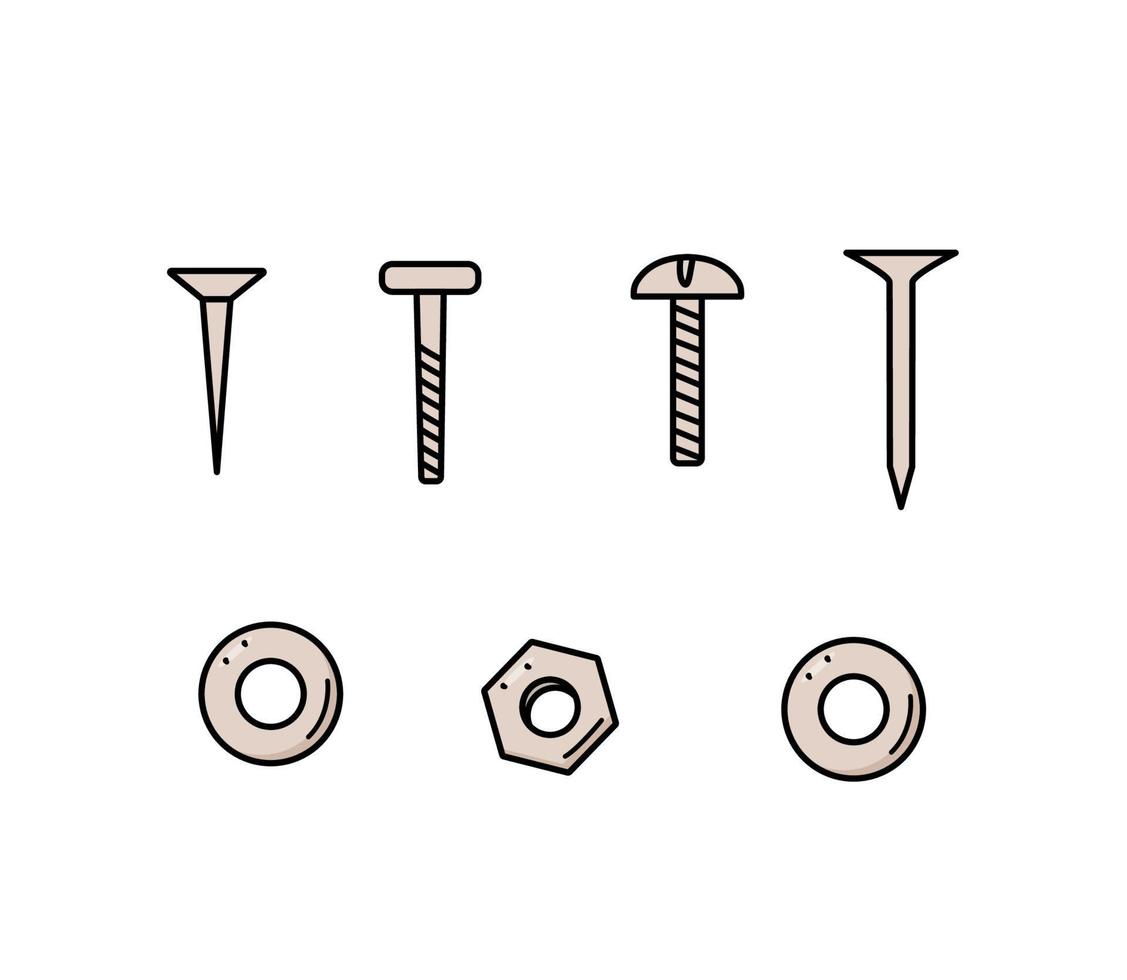 Nails screws and nuts washers, vector doodle set of building elements