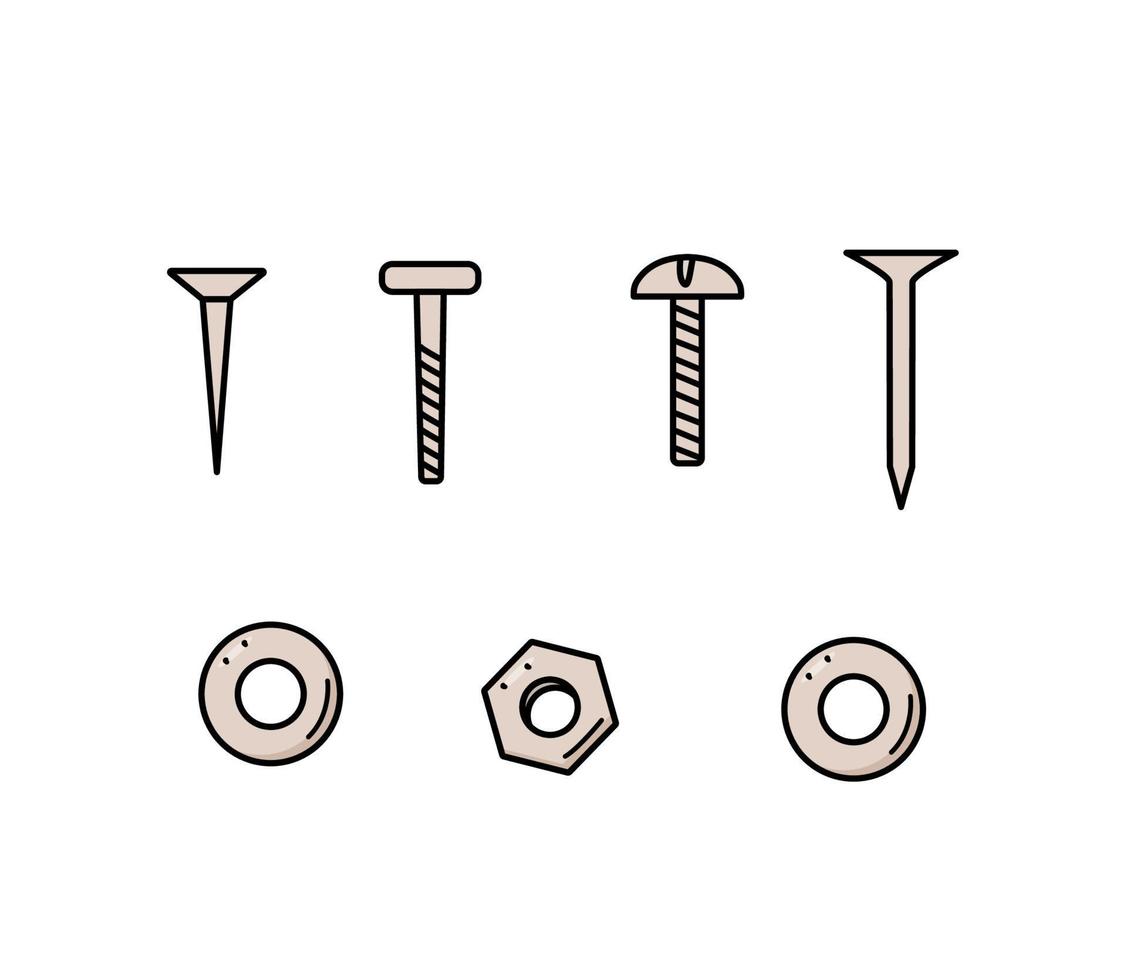 tornillos de clavos y arandelas de tuercas, conjunto de elementos de construcción de fideos vectoriales vector