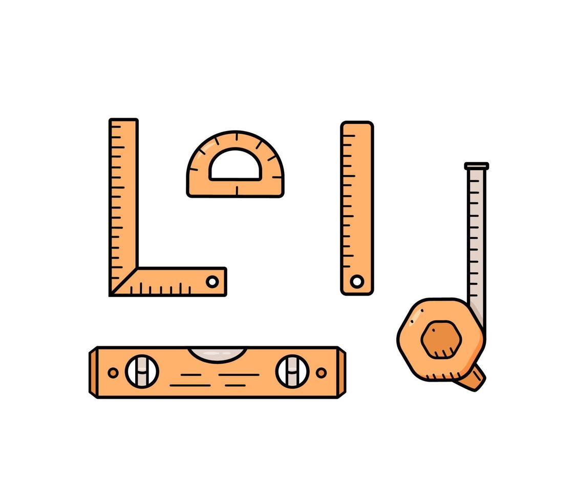 Construction level, ruler, roulette centimeter. Doodle set of measuring tools, vector illustration