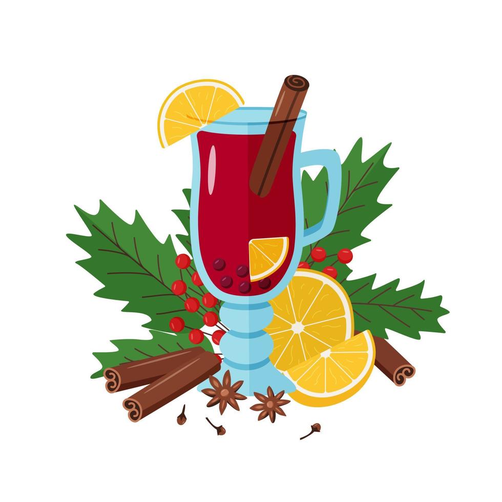 Mulled wine in a glass with orange slices, cinnamon cloves and anise. Christmas hot drink, viburnum branches with berries. Vector illustration cartoon style