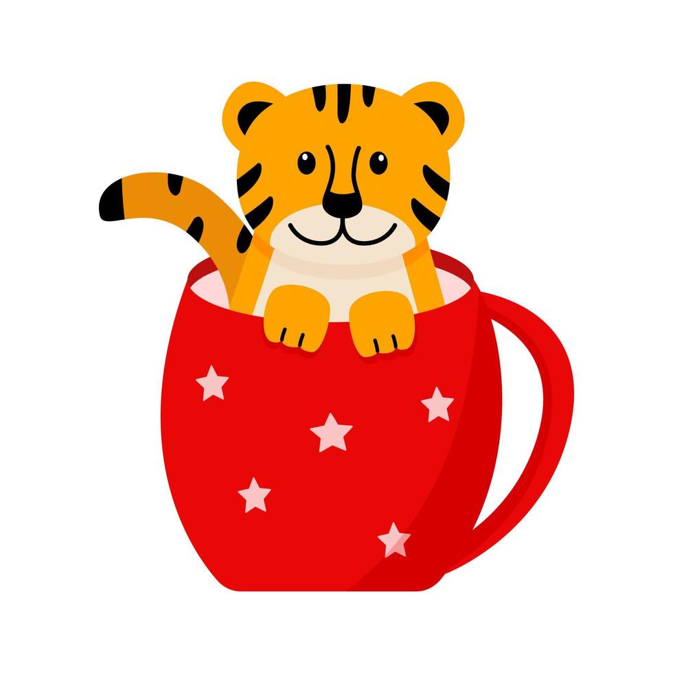 A cute cartoon tiger in a sitting in a red cup. Vector illustration, the concept of Christmas and New Year