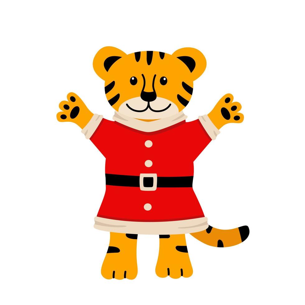 A cute cartoon tiger in a Santa costume waves its paw. Vector illustration, the concept of Christmas and New Year