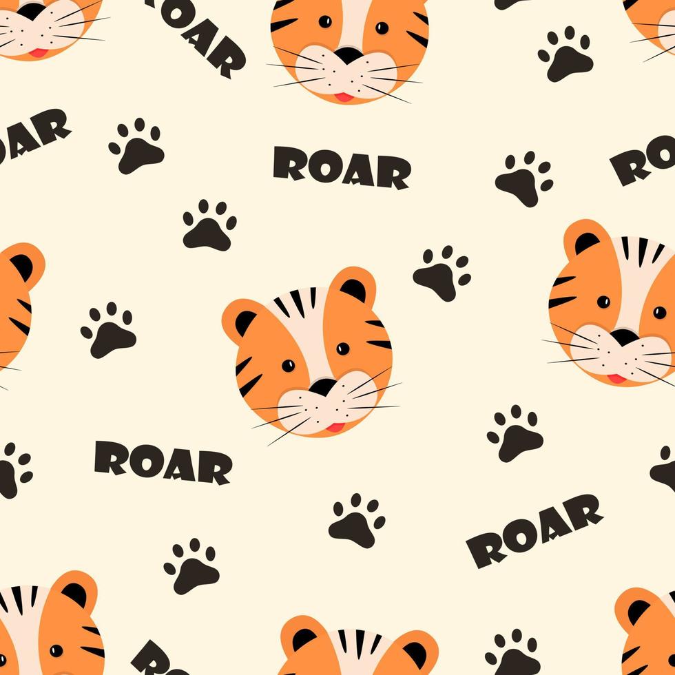 Seamless pattern cute cartoon tiger face, paw prints and the inscription roar, vector illustration