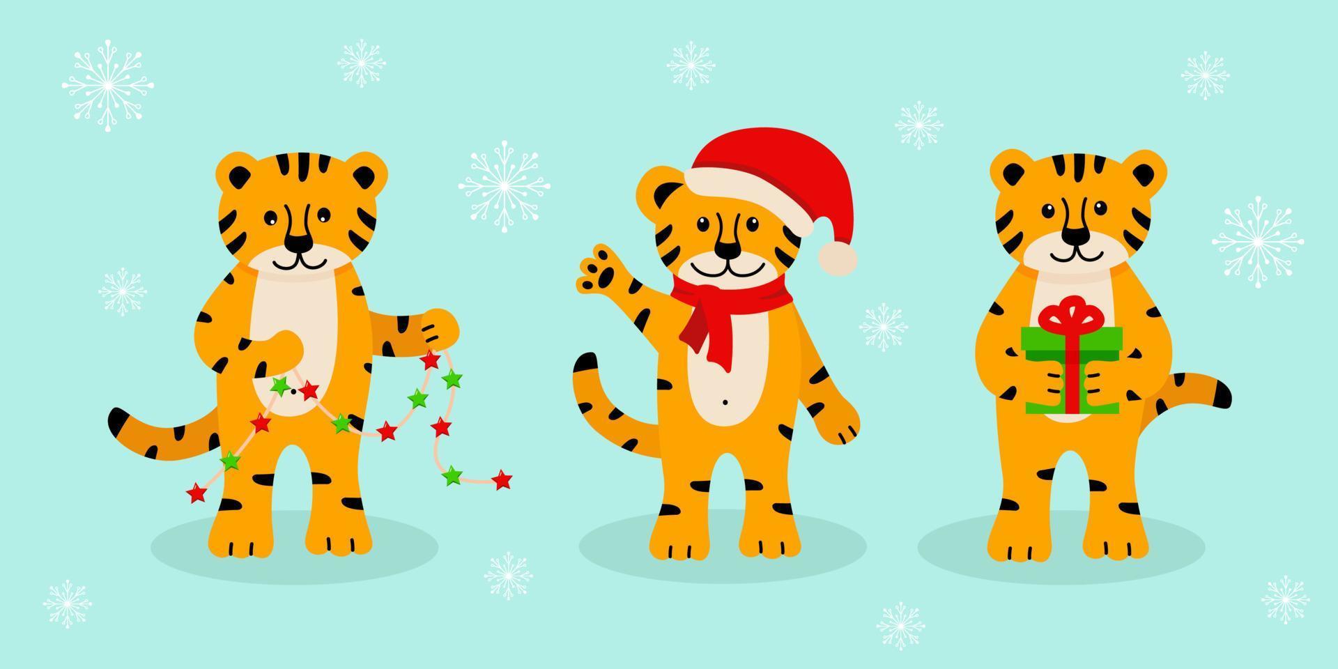 un conjunto de tigre de navidad, lindos símbolos de dibujos animados del año. ilustración vectorial, el concepto de navidad y año nuevo vector