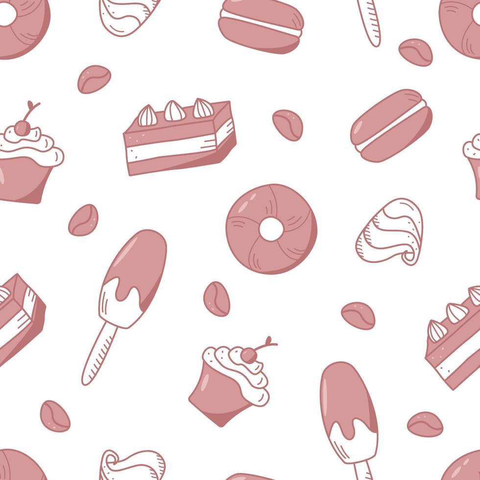 Seamless pattern of sweets and desserts. Vector background with elements of ice cream cupcake donuts candy