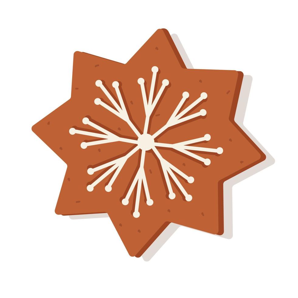 Christmas gingerbread in the form of a snowflake. Delicious New Year's dessert, festive curly cookies with icing vector