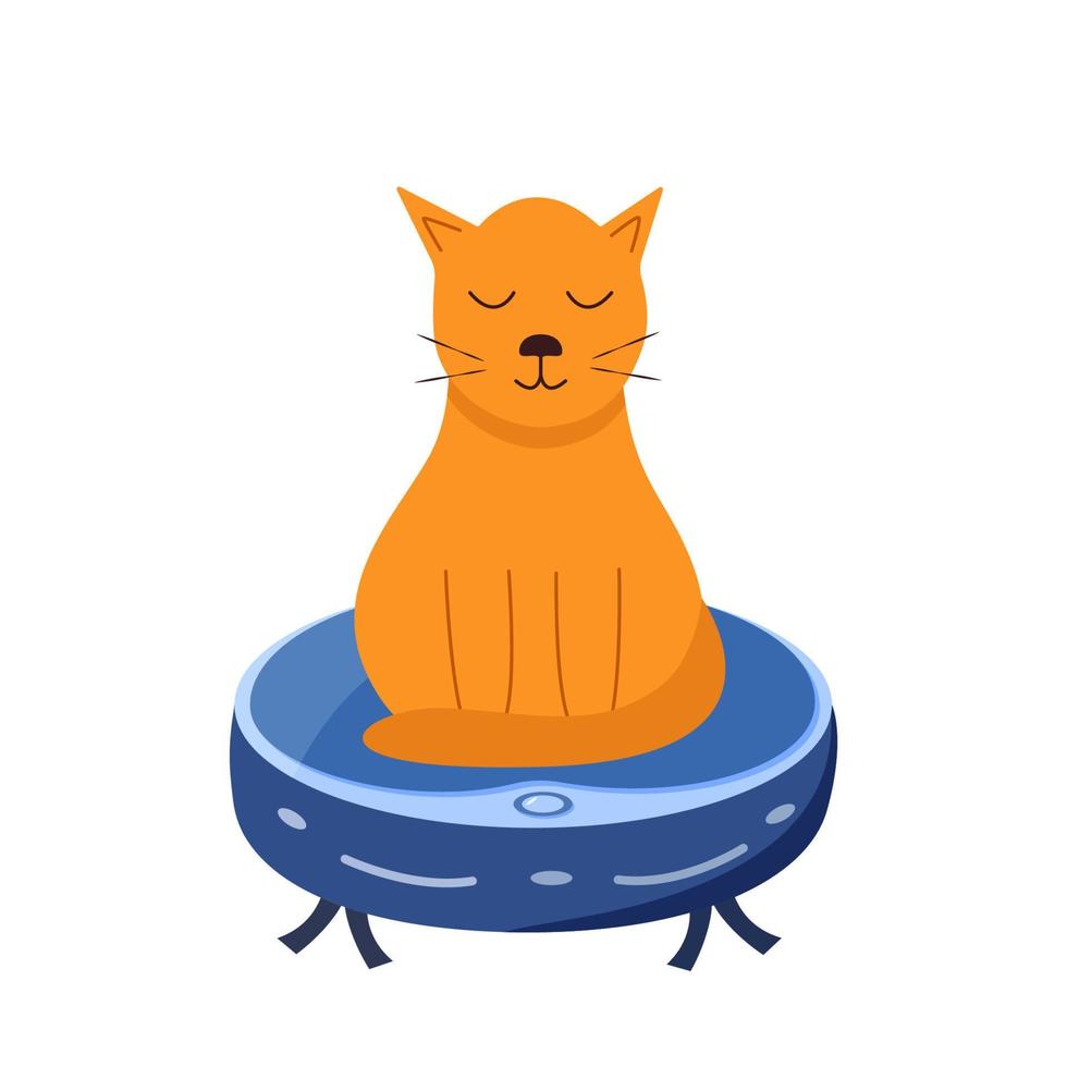 The cat is sitting on a robot vacuum cleaner. Vector illustration of a flat cartoon style