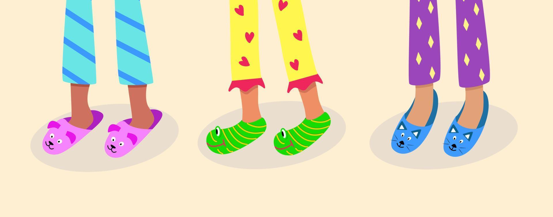 Children feet in colored pajamas and funny slippers. Vector illustration of home sleeping clothes and shoes. The concept of a pajama party