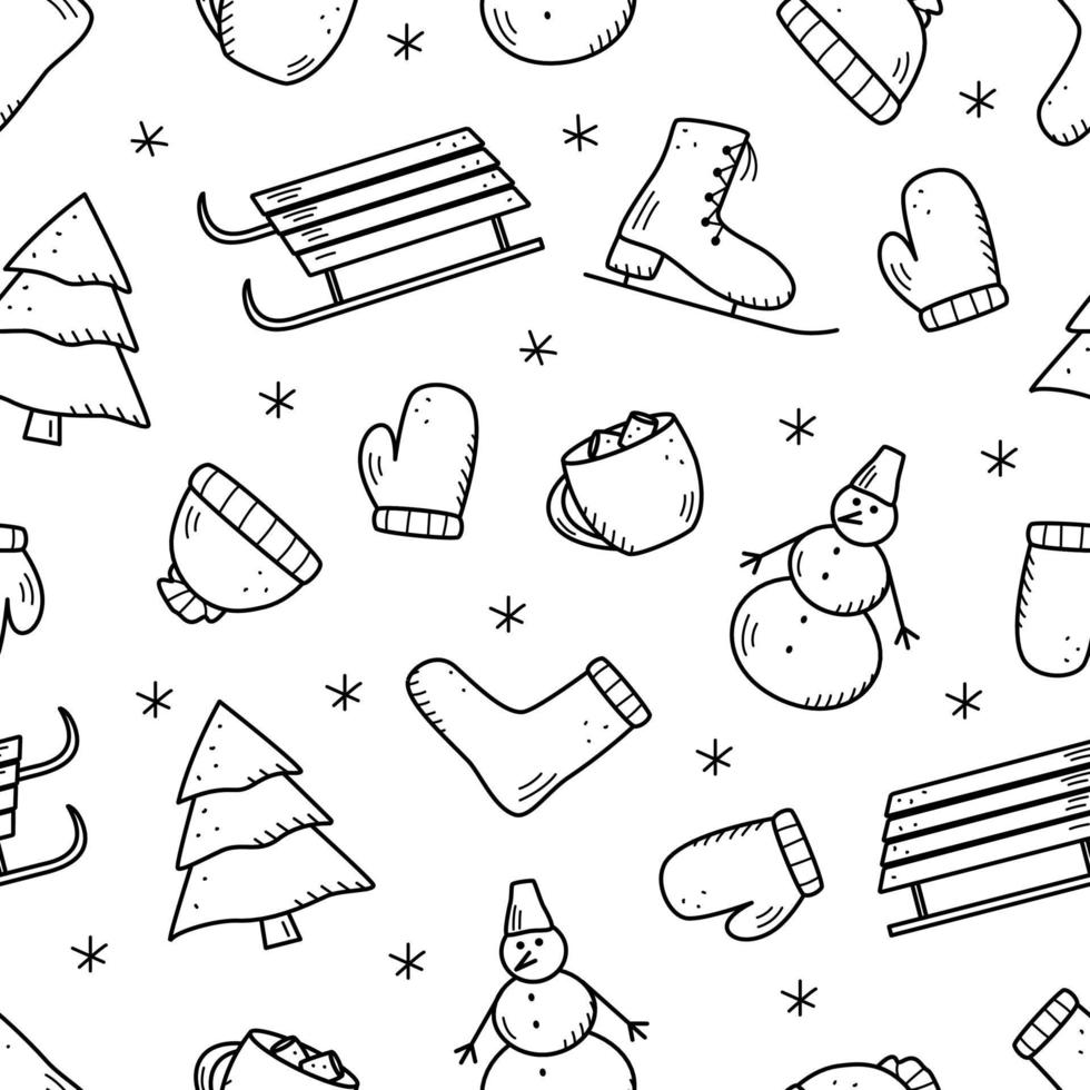 Seamless doodle pattern elements of Christmas and New Year elements, spruce and winter flowers, snowflakes, sleds, skates, hot chocolate, winter clothes vector