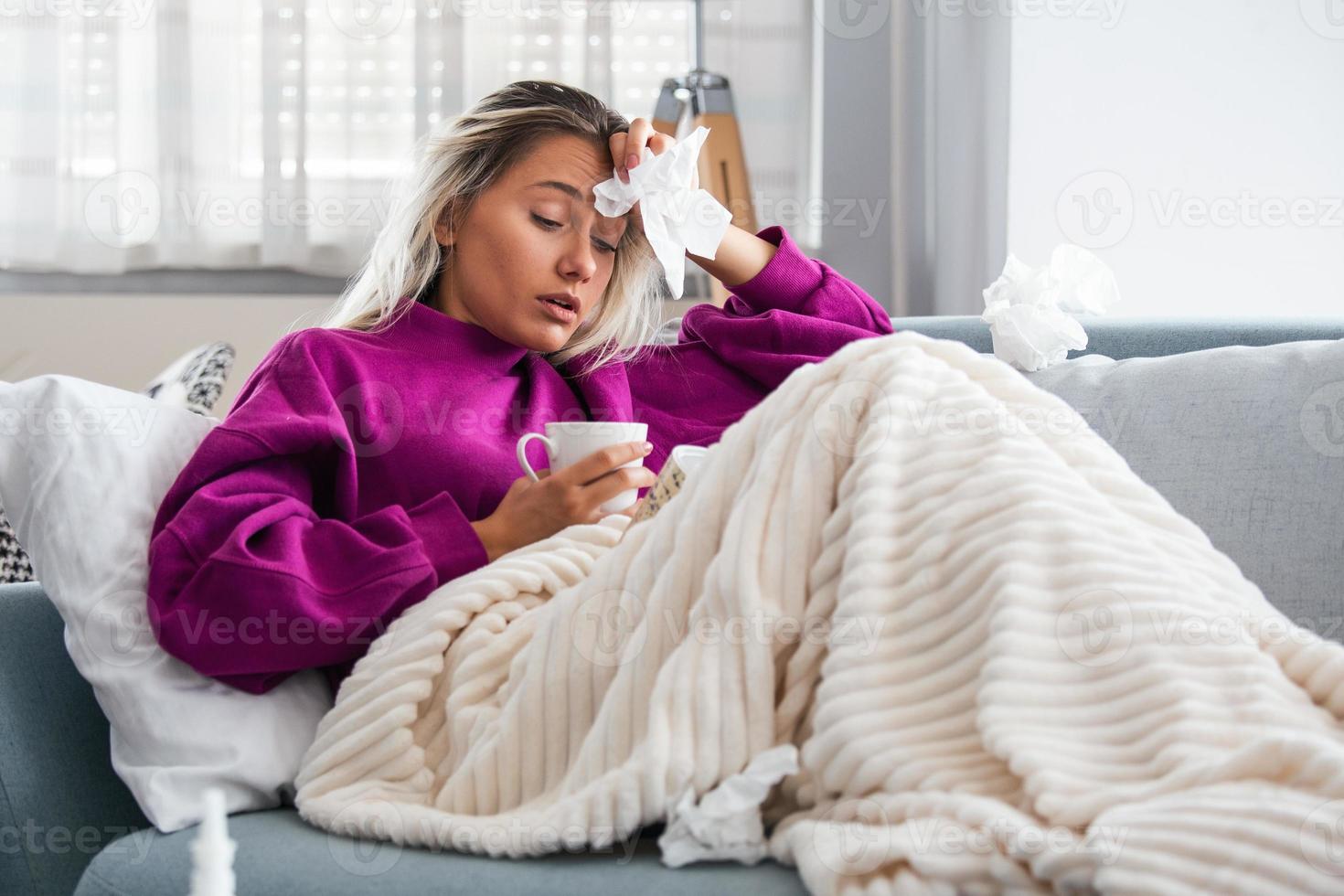 Cold And Flu. Portrait Of Ill Woman Caught Cold, Feeling Sick And ...