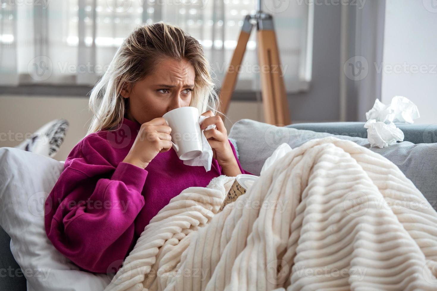 Cold And Flu. Portrait Of Ill Woman Caught Cold, Feeling Sick And ...