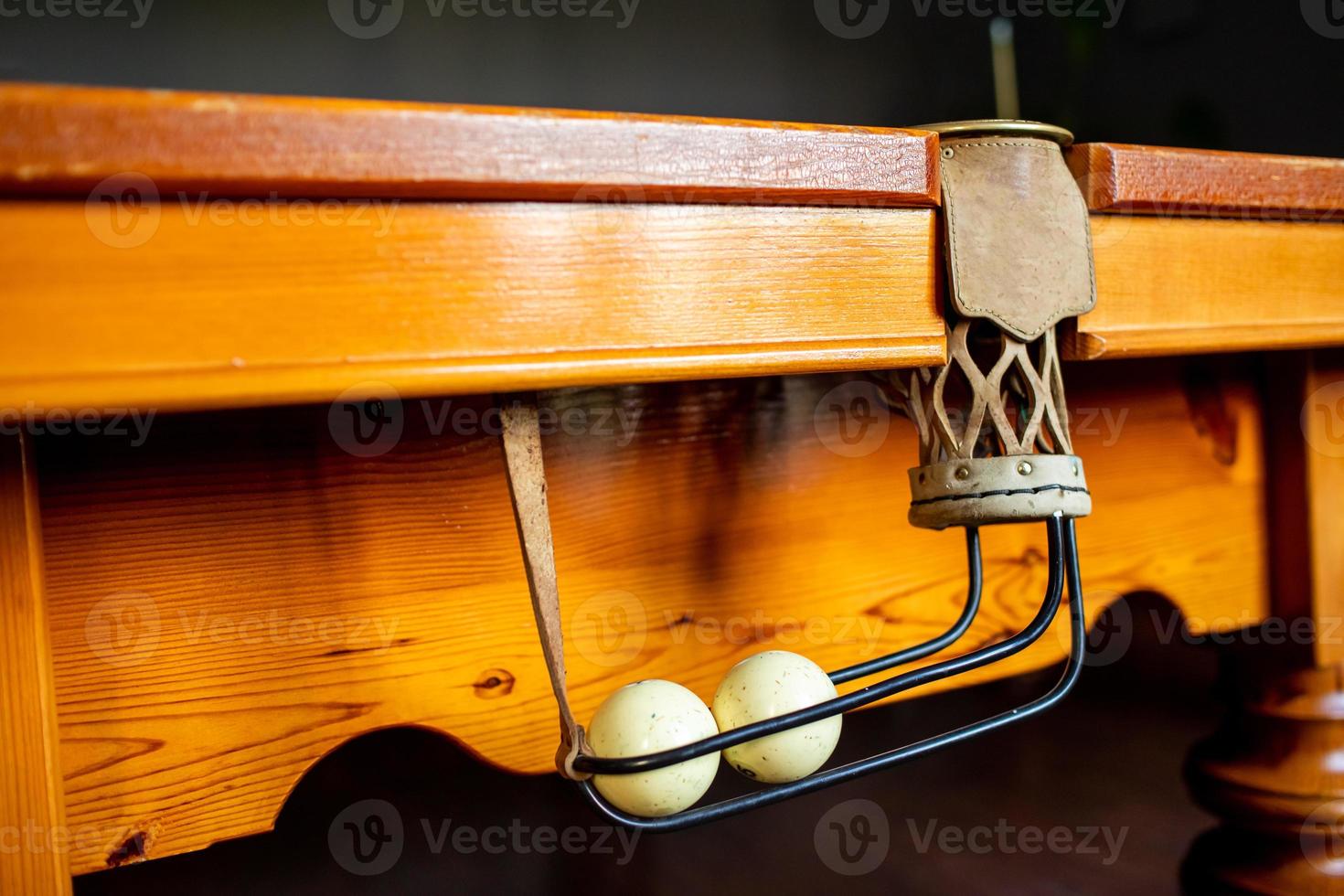 A criss-cross leather pool table pocket an 2 balls. Playing billiard. Billiard sport concept. Pool billiard game. photo