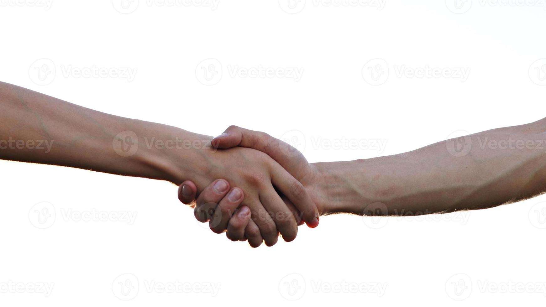 Handshake, shaking hands, handshaking. Two handed gesture. Isolated on white background. Two Friendly Partners. Concept of Connection Colleagues People. Friends Man Agree of Opportunity Startup. photo