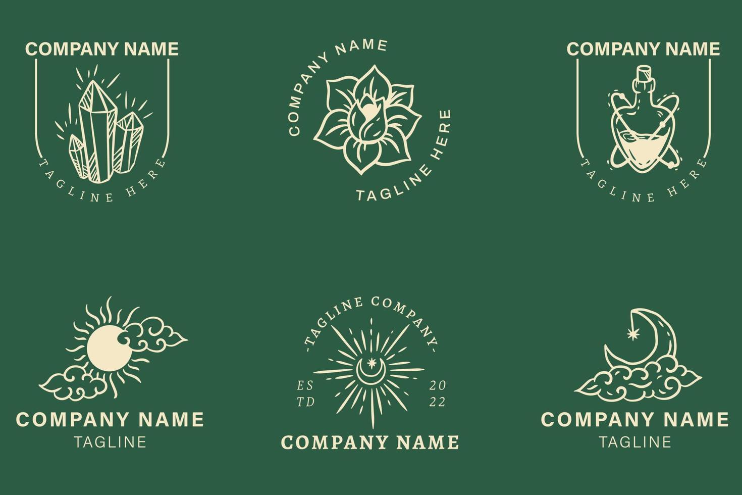 Minimalist Mystical Logo Templates With Element On Dark Green. vector