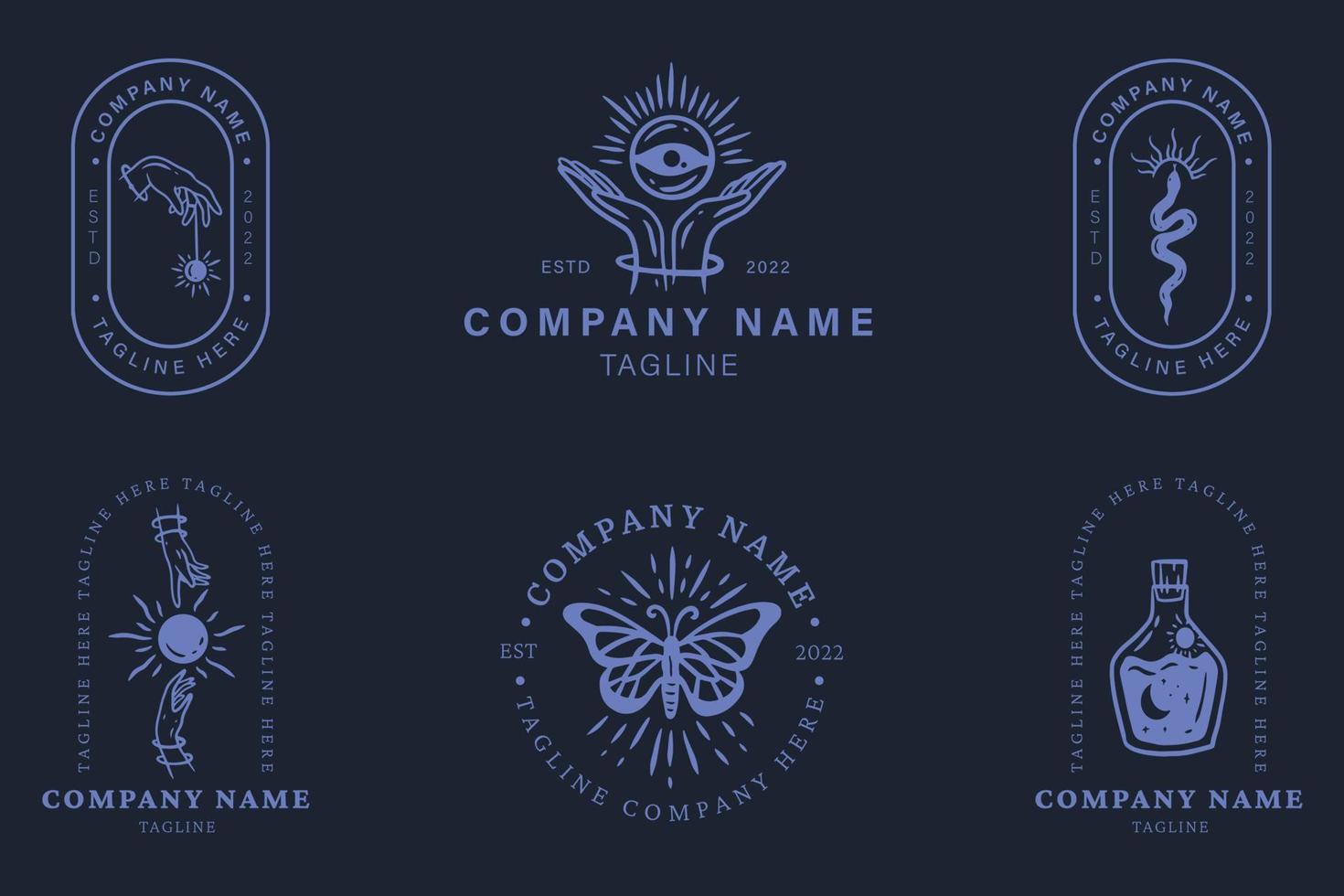 logotipo místico púrpura colección de símbolos minimalistas estilo azul oscuro. vector