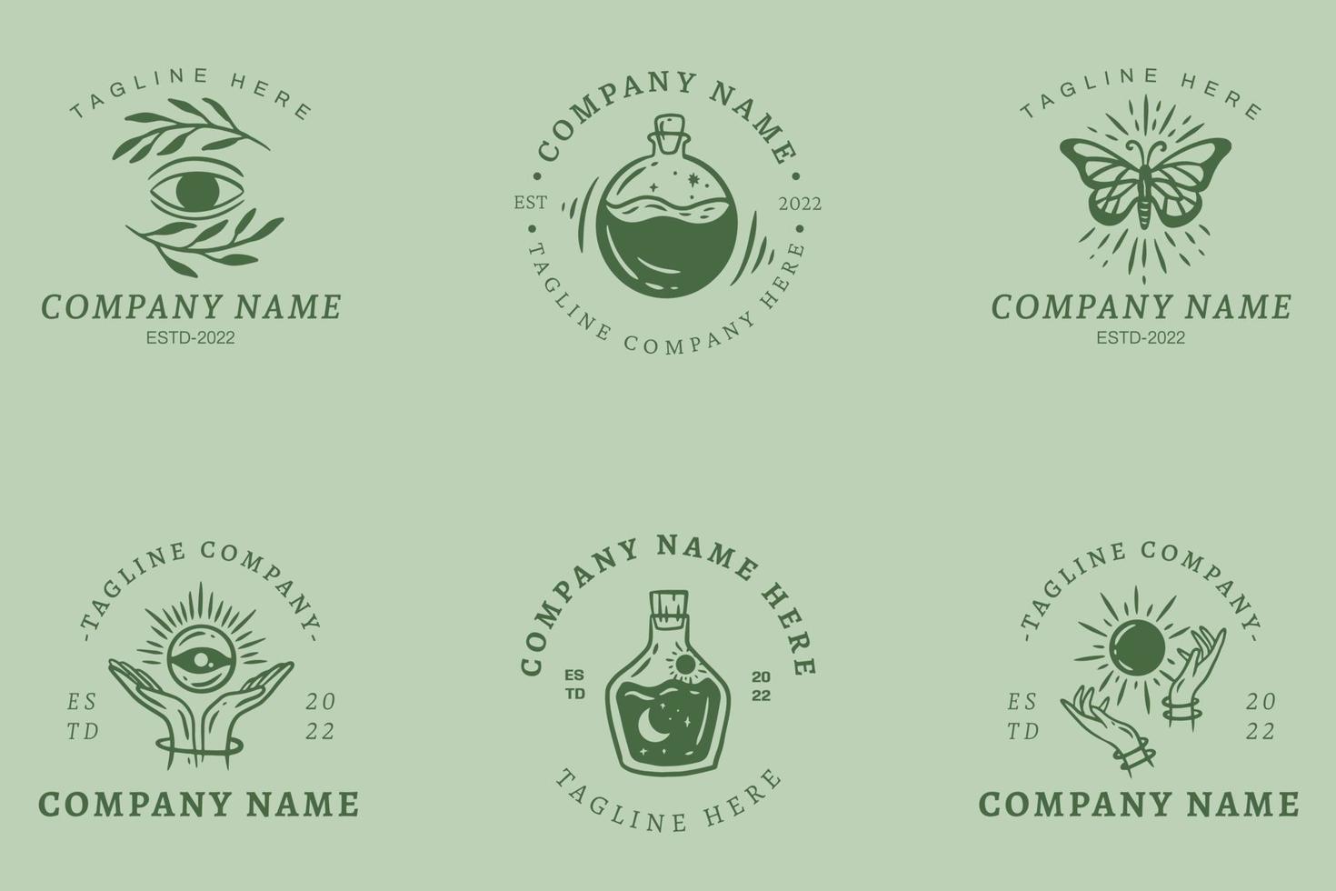 Minimalist Green Mystical Logo Templates With Element On Light Green Pastel. vector