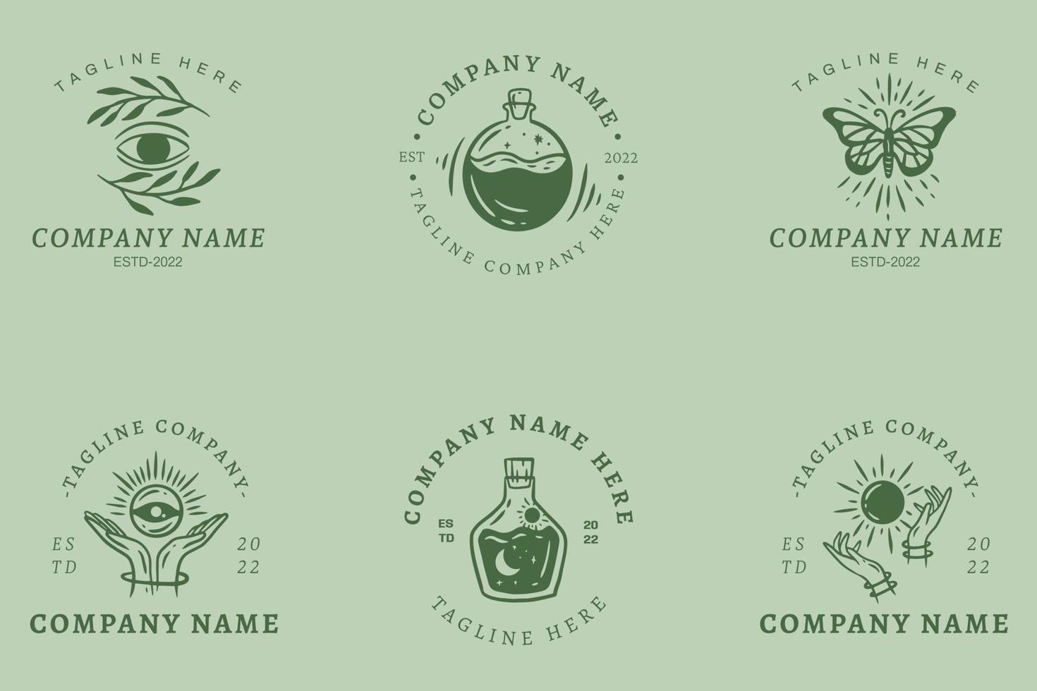 plantillas de logotipo místico verde minimalista con elemento en pastel verde claro. vector