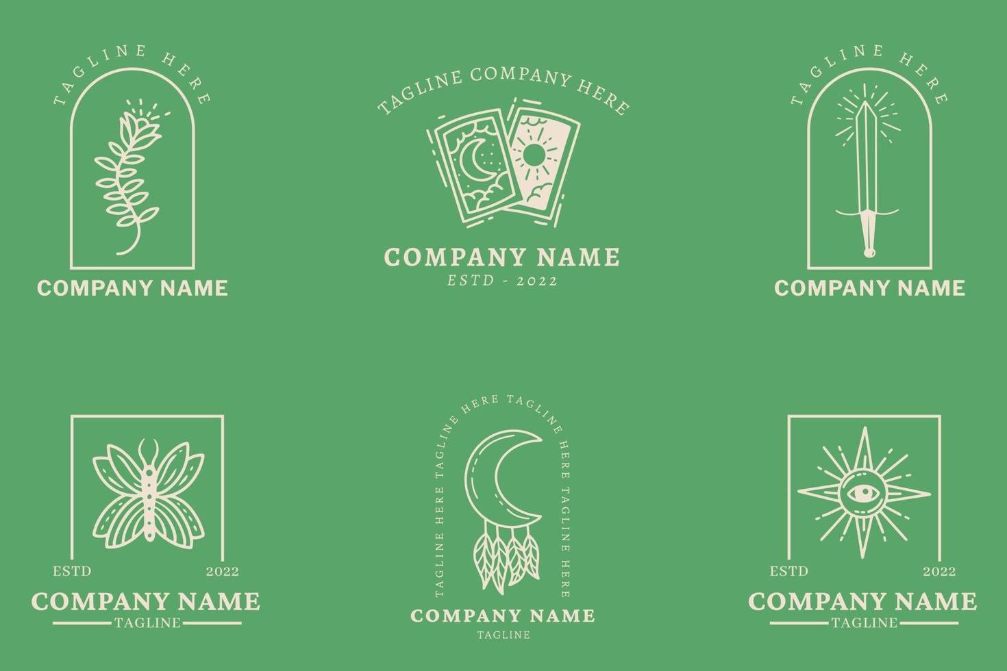 Mystical Luxury White Minimalist Symbol Logo Collection Light Green Style. vector