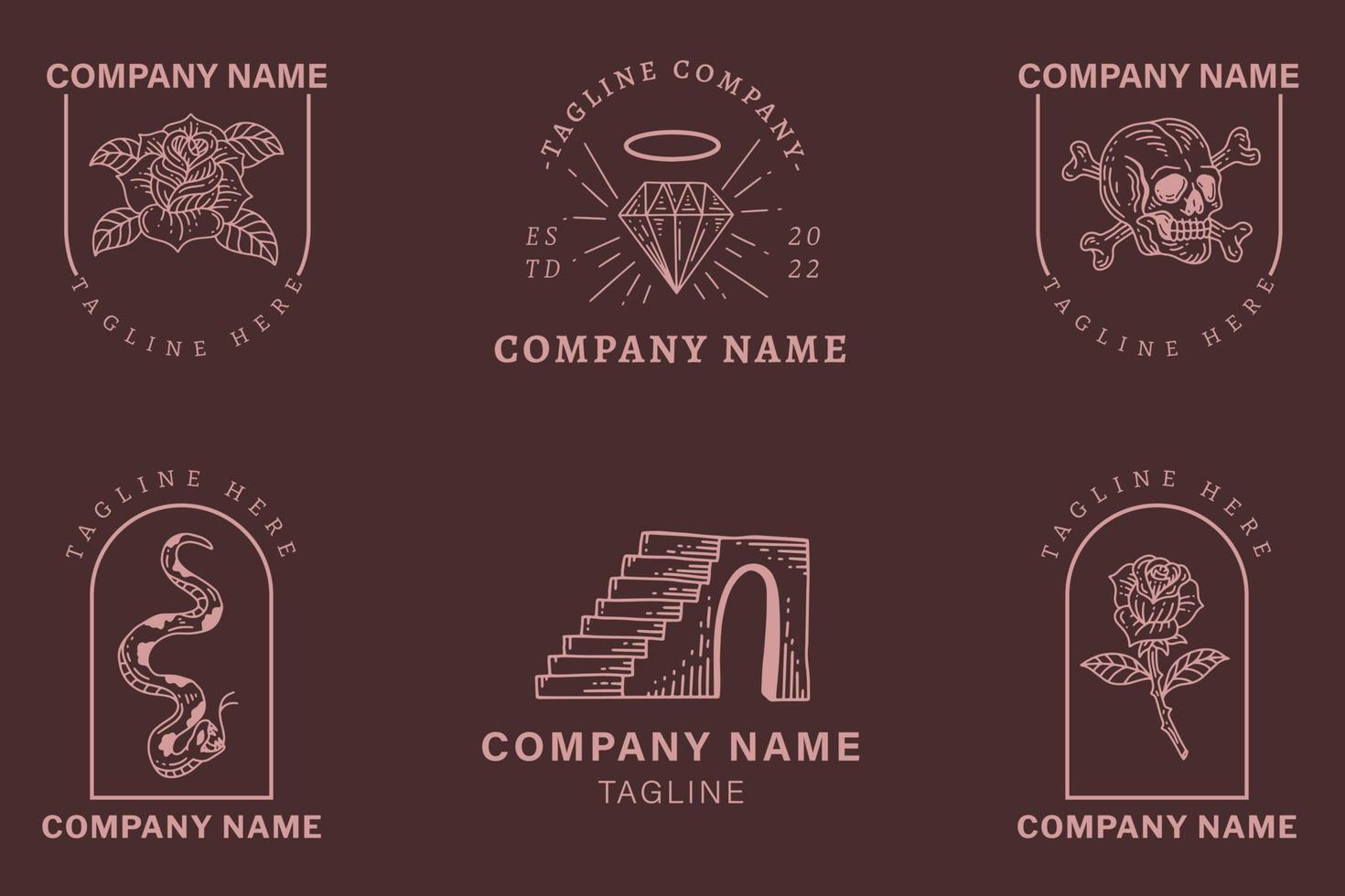 Mystical Purple Logo Minimalist Symbol Collection Dark Red Pastel Style. vector