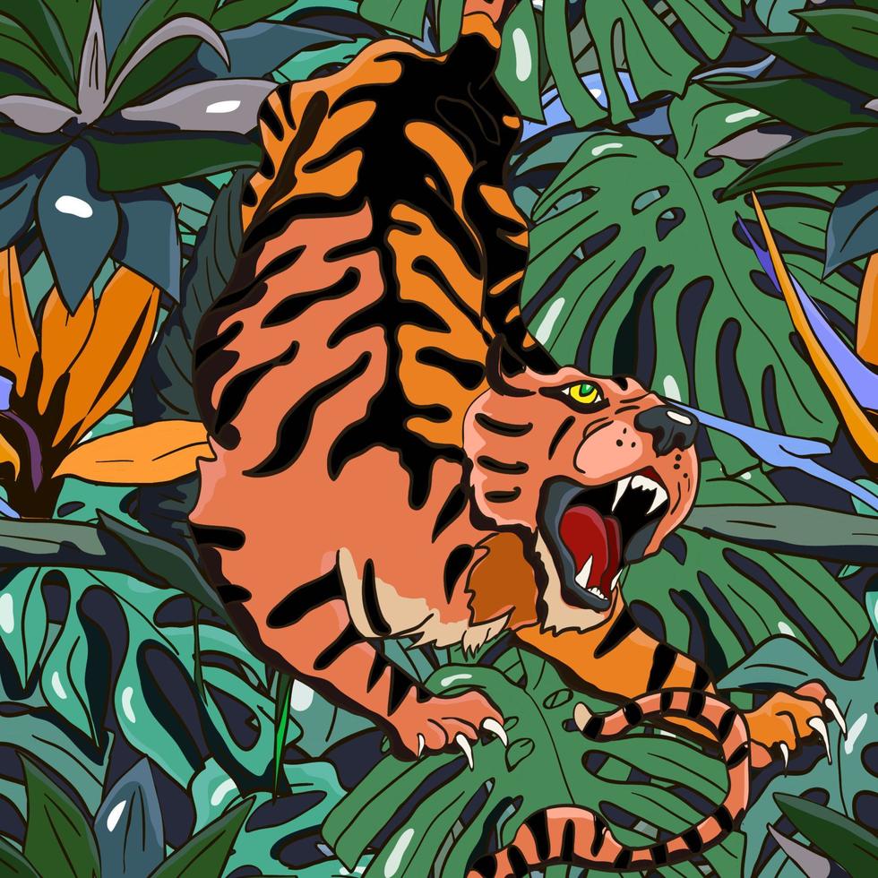 fondo transparente con tigre salvaje, hojas de plátano y monstera y flores tropicales. patrón de selva para cubiertas textiles o de libros, fabricación, papel pintado, impresión, papel de regalo y álbumes de recortes. vector