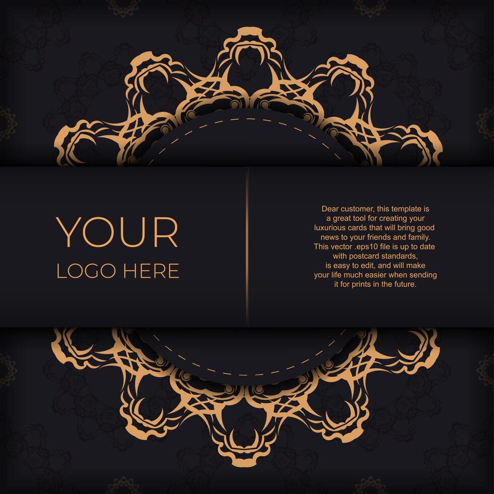Square Vector Preparing postcards in black with luxury gold ornaments. Template for design printable invitation card with vintage patterns.