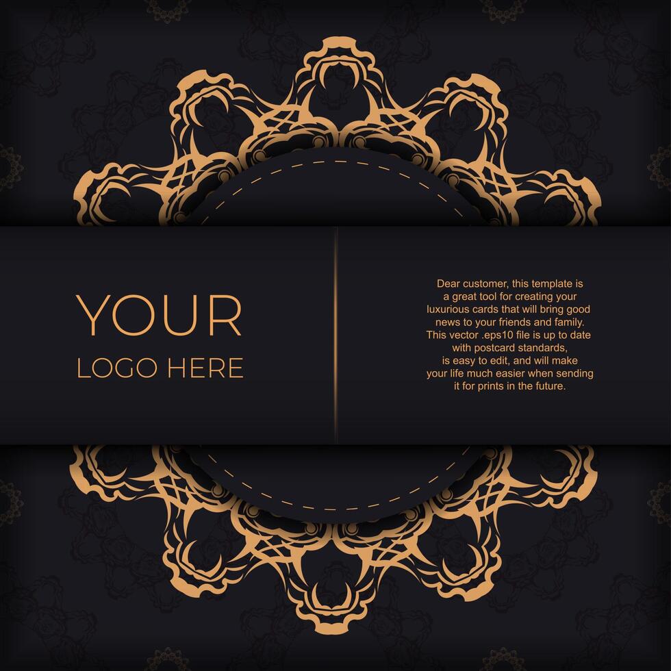 Square Vector Preparing postcards in black with luxury gold ornaments. Template for design printable invitation card with vintage patterns.