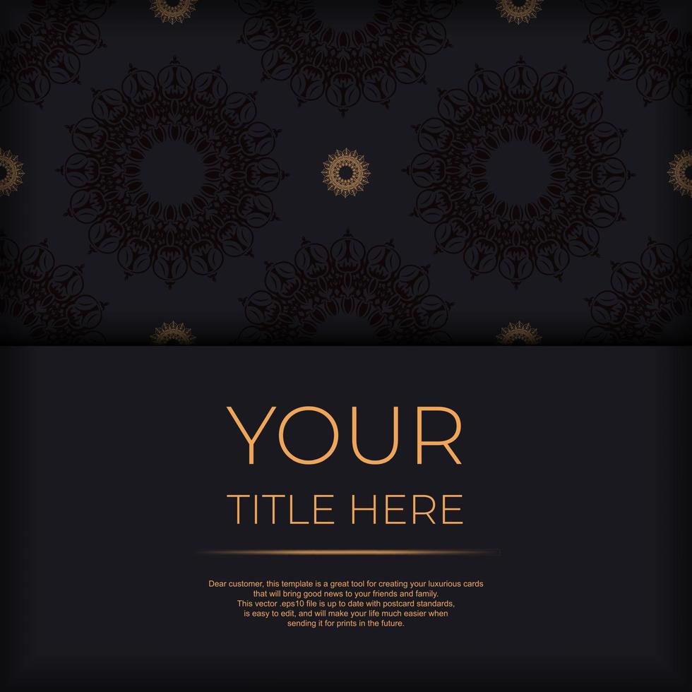 Square Postcard Template Black with luxurious patterns. Print-ready invitation design with vintage ornaments. vector