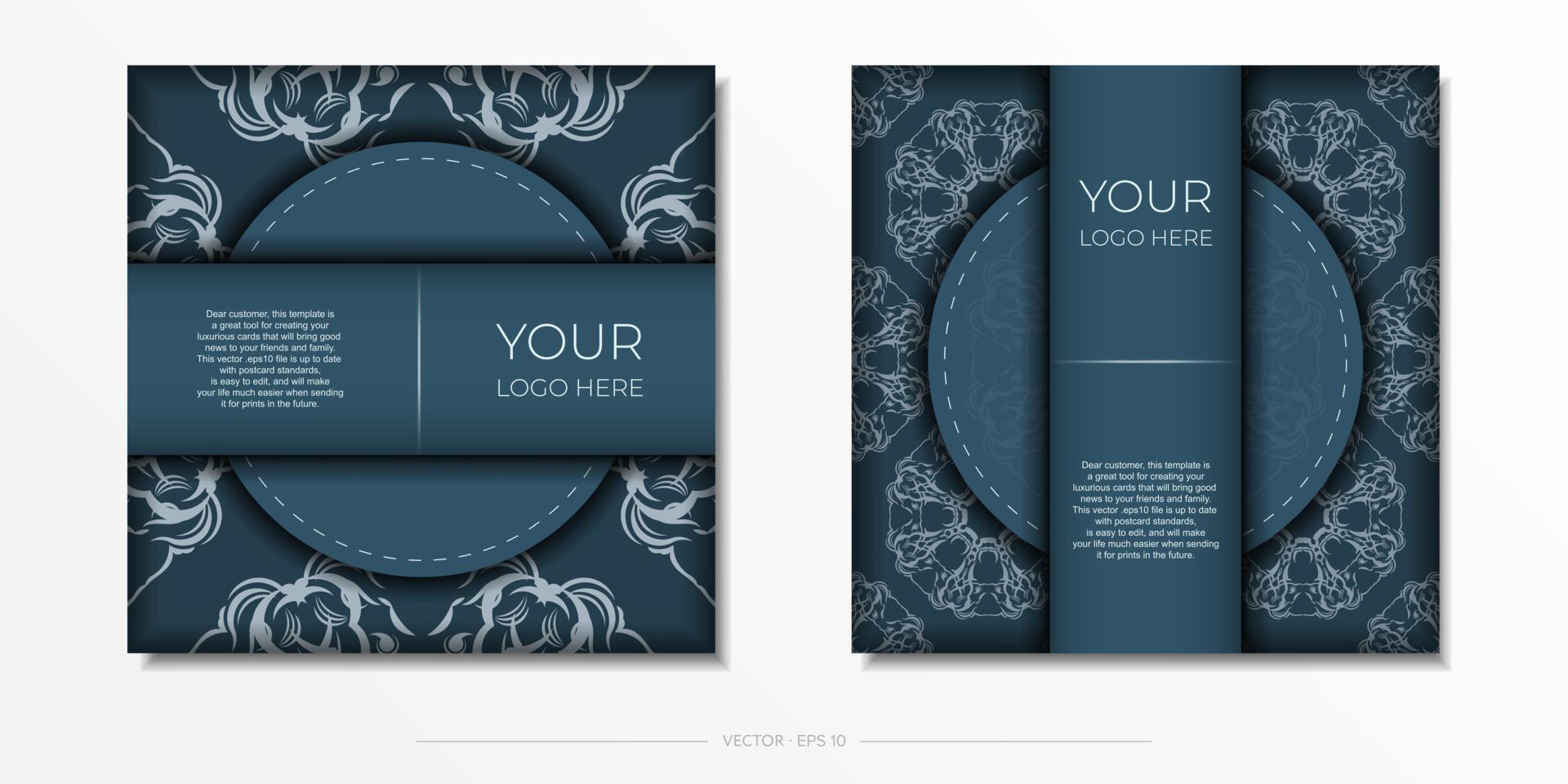 Square vector postcards in blue color with luxury light ornaments. Invitation card design with vintage patterns.