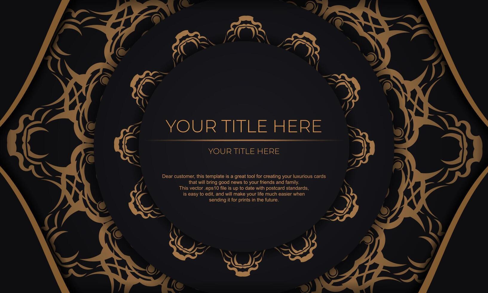 Black vector banner with luxury gold ornaments and place for your text. Template for design printable invitation card with vintage patterns.