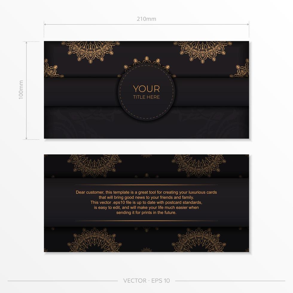 Luxurious Black color postcard template with vintage patterns. Print-ready invitation design with mandala ornament. vector