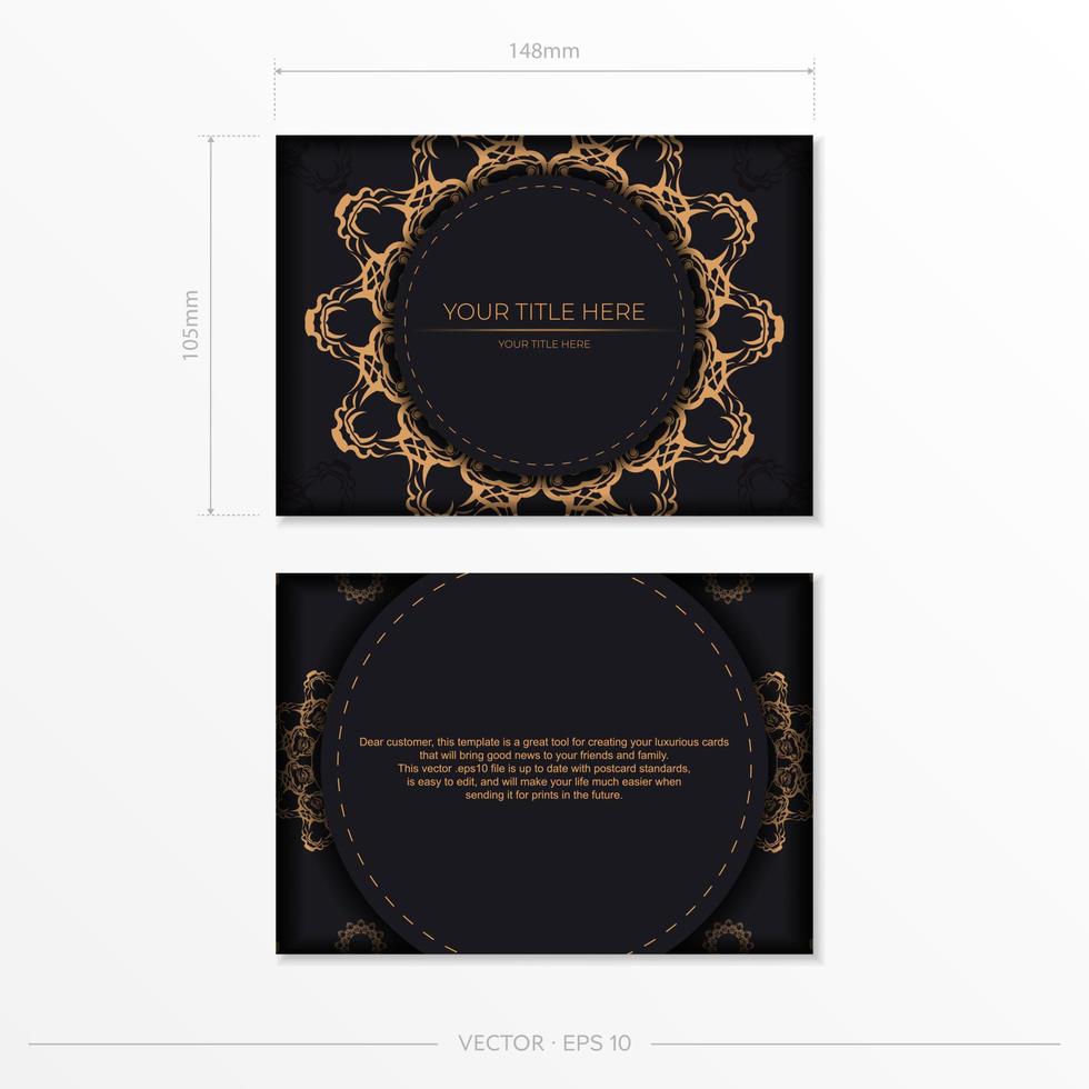 Rectangular Vector Black Color Postcard Template with Luxurious Gold Patterns. Print-ready invitation design with vintage ornaments.