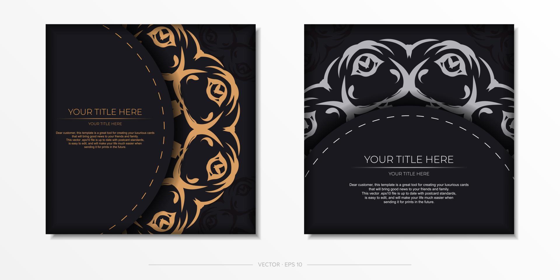 Square vector postcard in dark color with abstract ornament. Invitation card design with vintage patterns.