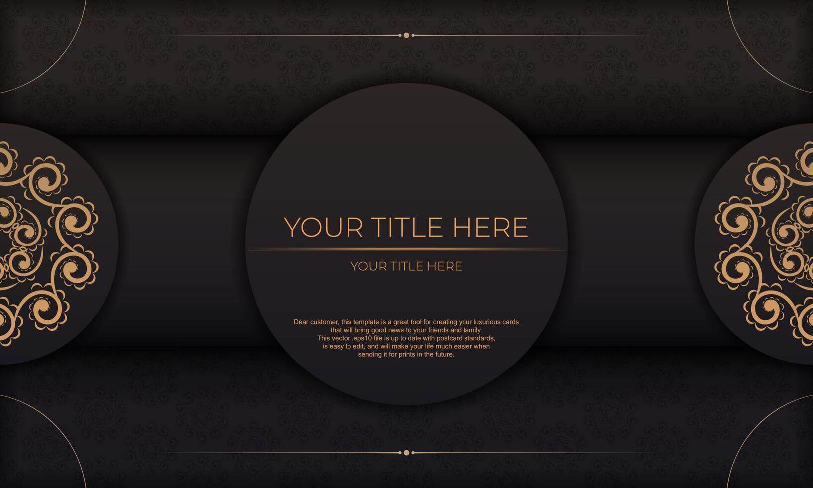 Black banner of gorgeous vector patterns with mandala ornaments and place for your text. Invitation card design with mandala patterns.