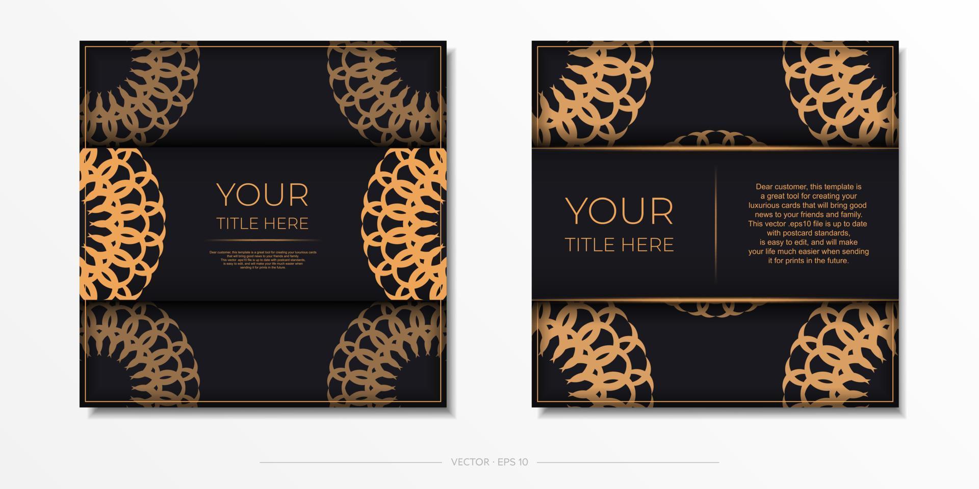 Vector preparation of invitation card with vintage patterns.Stylish template for printable design postcard in black color with luxury greek