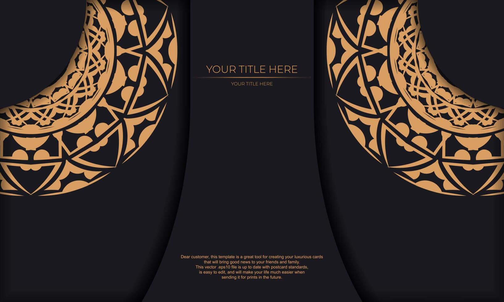 Black banner template with luxury orange ornaments and place for your logo and text. Template for postcard print design with Greek patterns. vector
