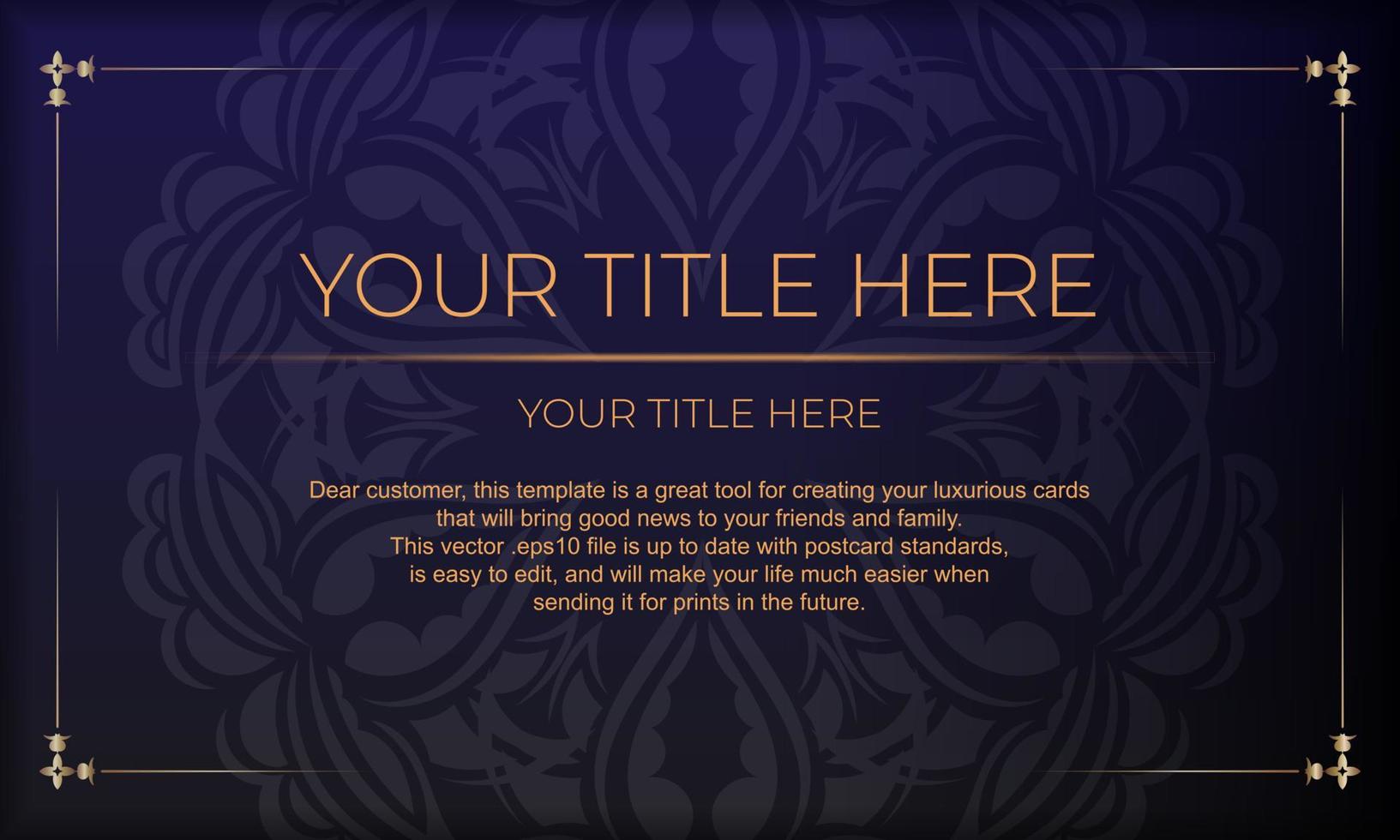 Template for a printable design of an invitation card with a luxurious ornament. Purple vector banner with greek luxury ornaments for your design.